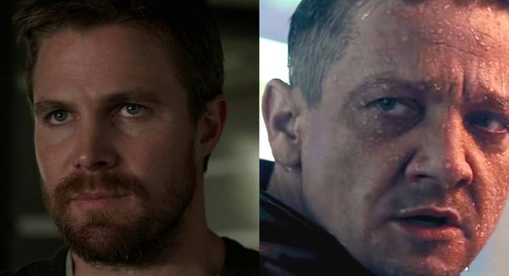 Oliver QueenとClint Bartonの両方が画面外を少し暗く見つめ