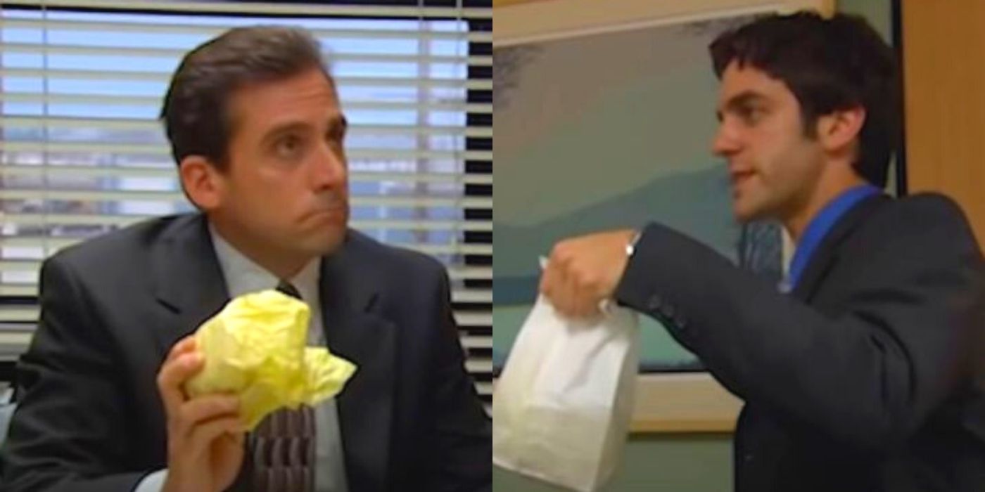 A split image of Ryan bringing Michael food on The Office