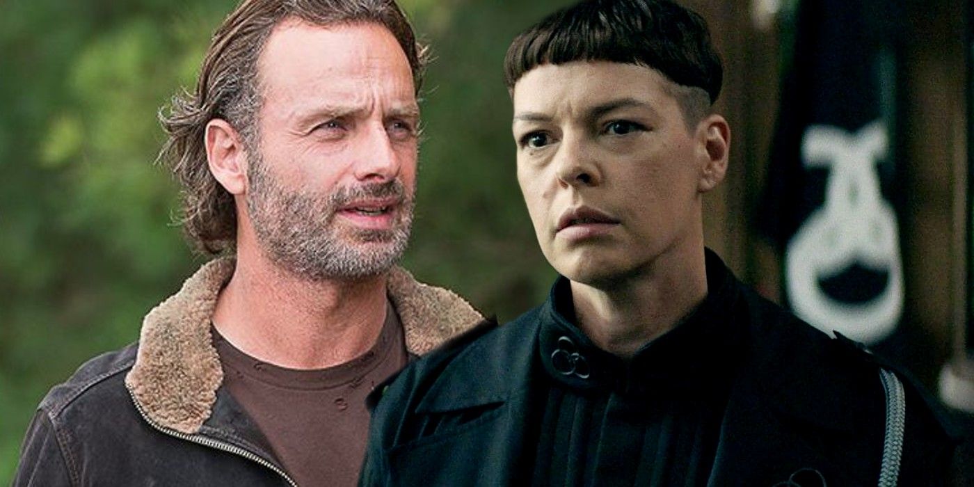 Andrew Lincoln as Rick Grimes in Walking Dead and Pollyanna McIntosh as Jadis in World Beyond
