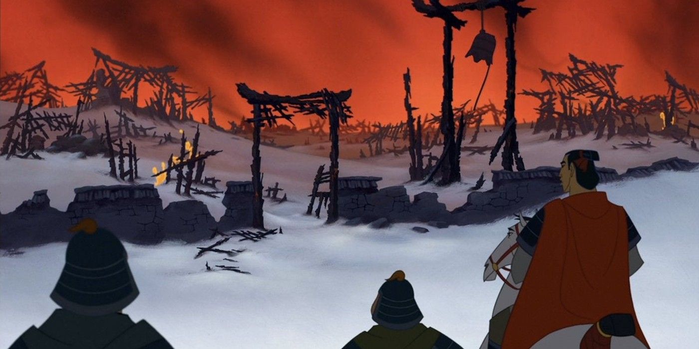 Mulan animated original town destroyed slaughter wreckage