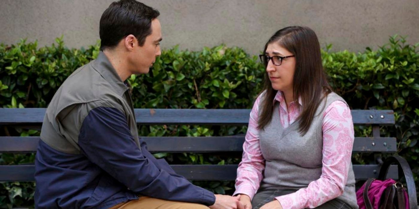 Sheldon and Amy talking in the park on their honeymoon on the Big Bang Theory