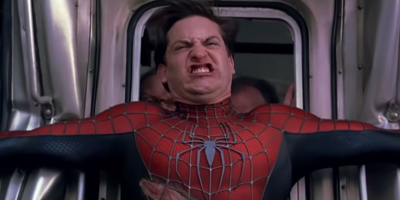 Spider Man stopping a speeding train in Spider Man 2