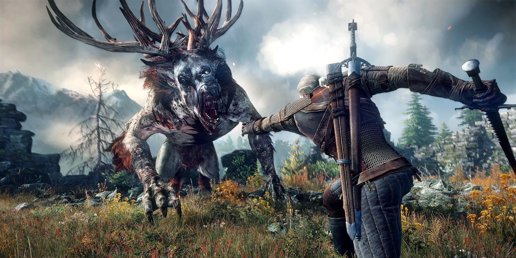 image from The Witcher 3 showing Geralt fighting a monster