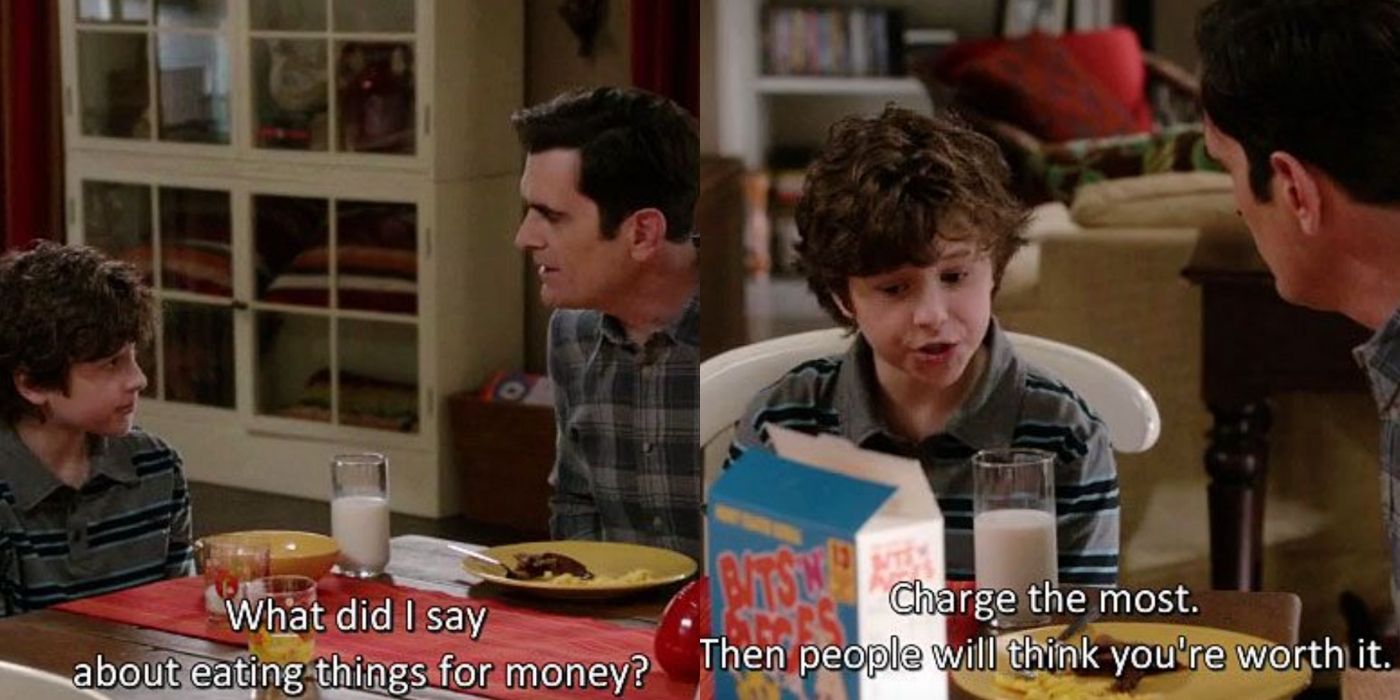 A split image of Luke and Phil talking about doing things for money on Modern Family