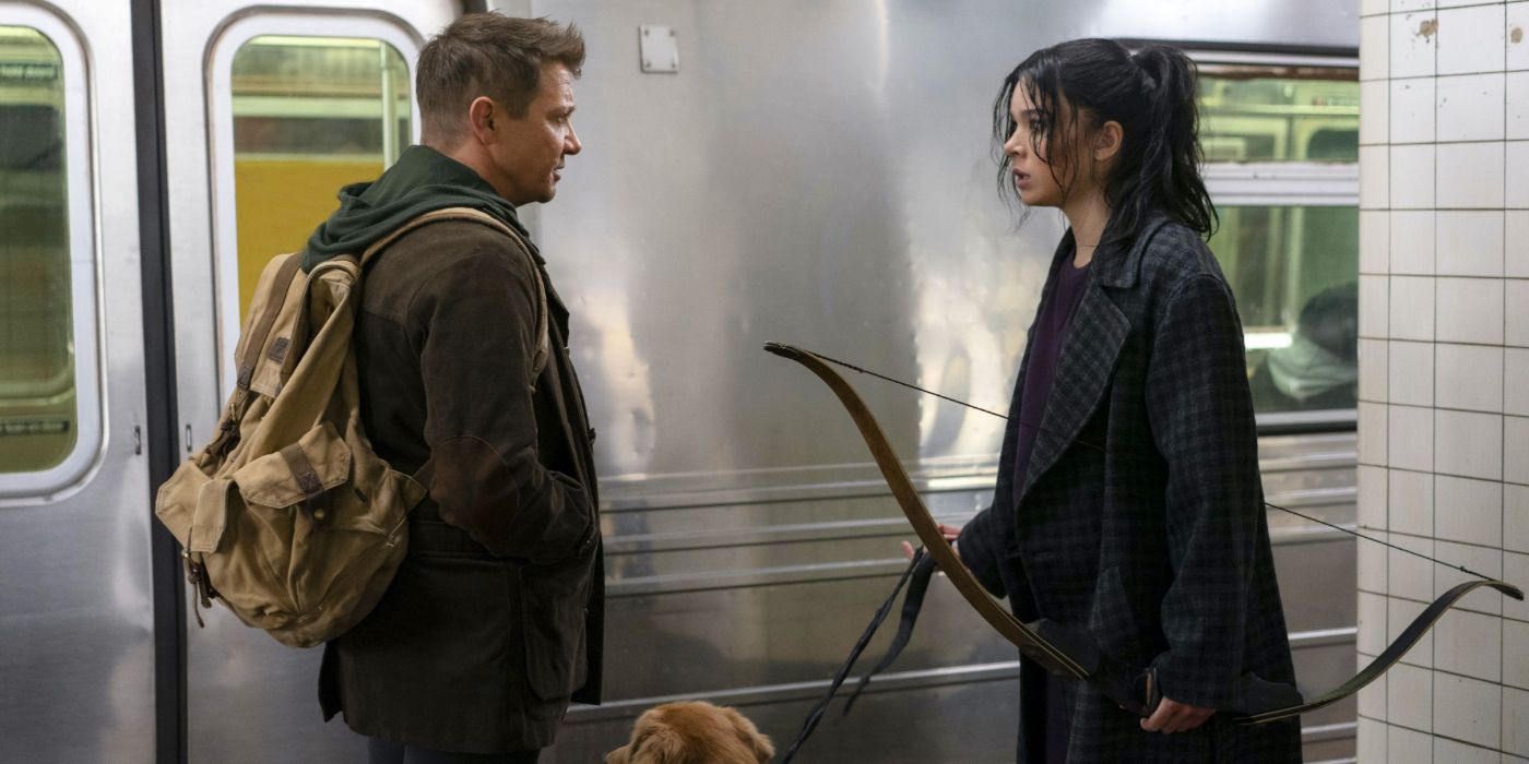 Clint Barton Kate Bishop and Lucky in the NYC subway in Hawkeye