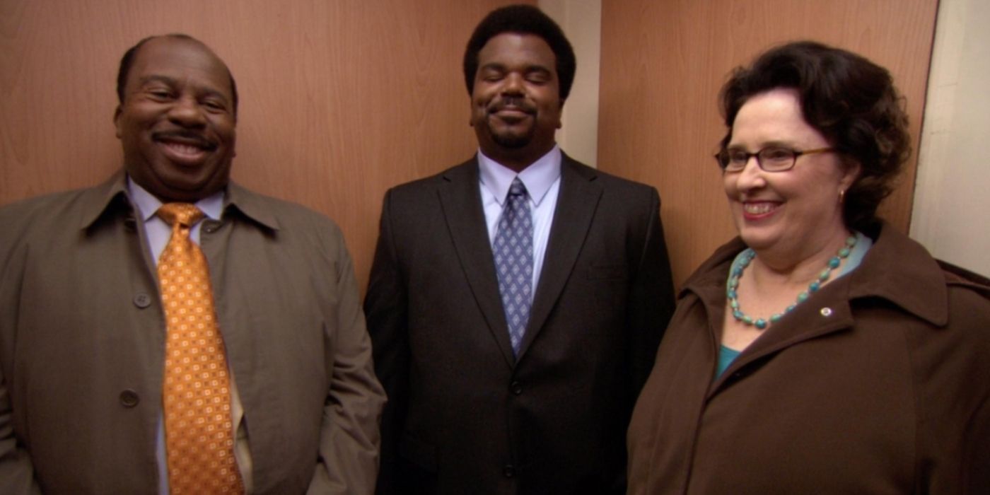 Darryl in the elevator with Stanley and Phyllis on The Office