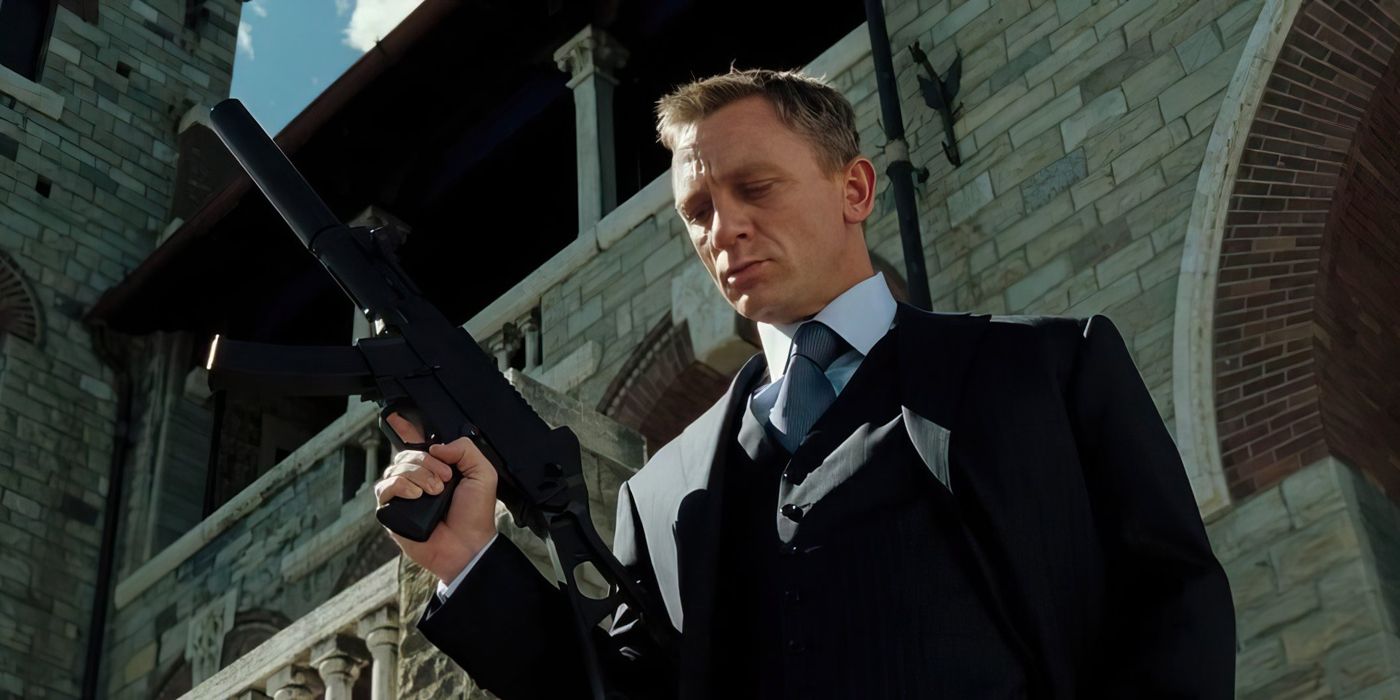 James Bond looking down while holding a gun in Casino Royale