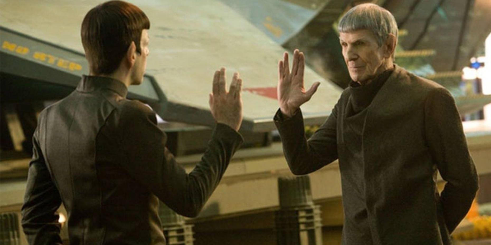 The two Spocks meet in Star Trek 2009 Cropped
