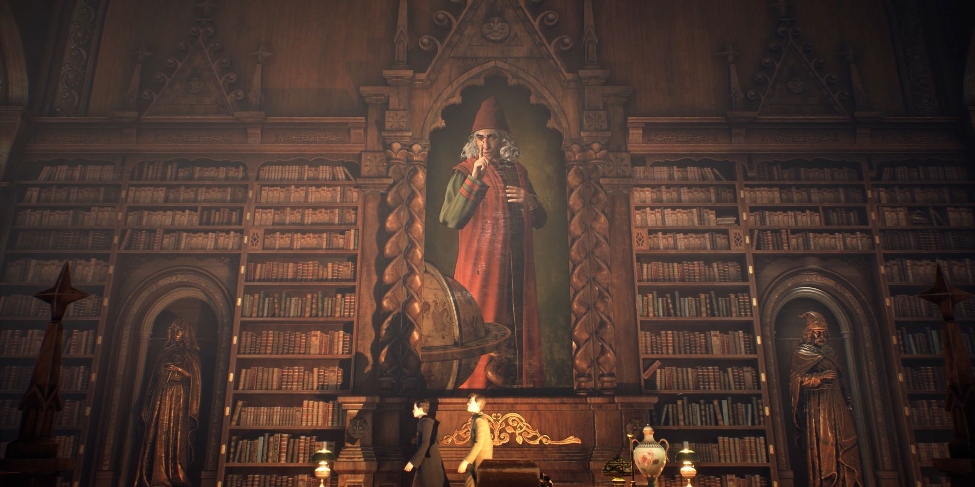 image from the Harry Potter game Hogwarts Legacy showing a huge library with a painting