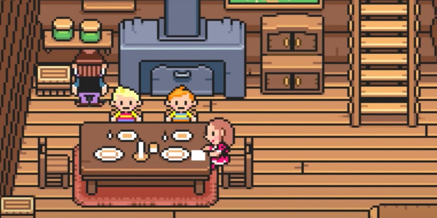 lucas and claus sitting at the dinner table at the start of mother 3