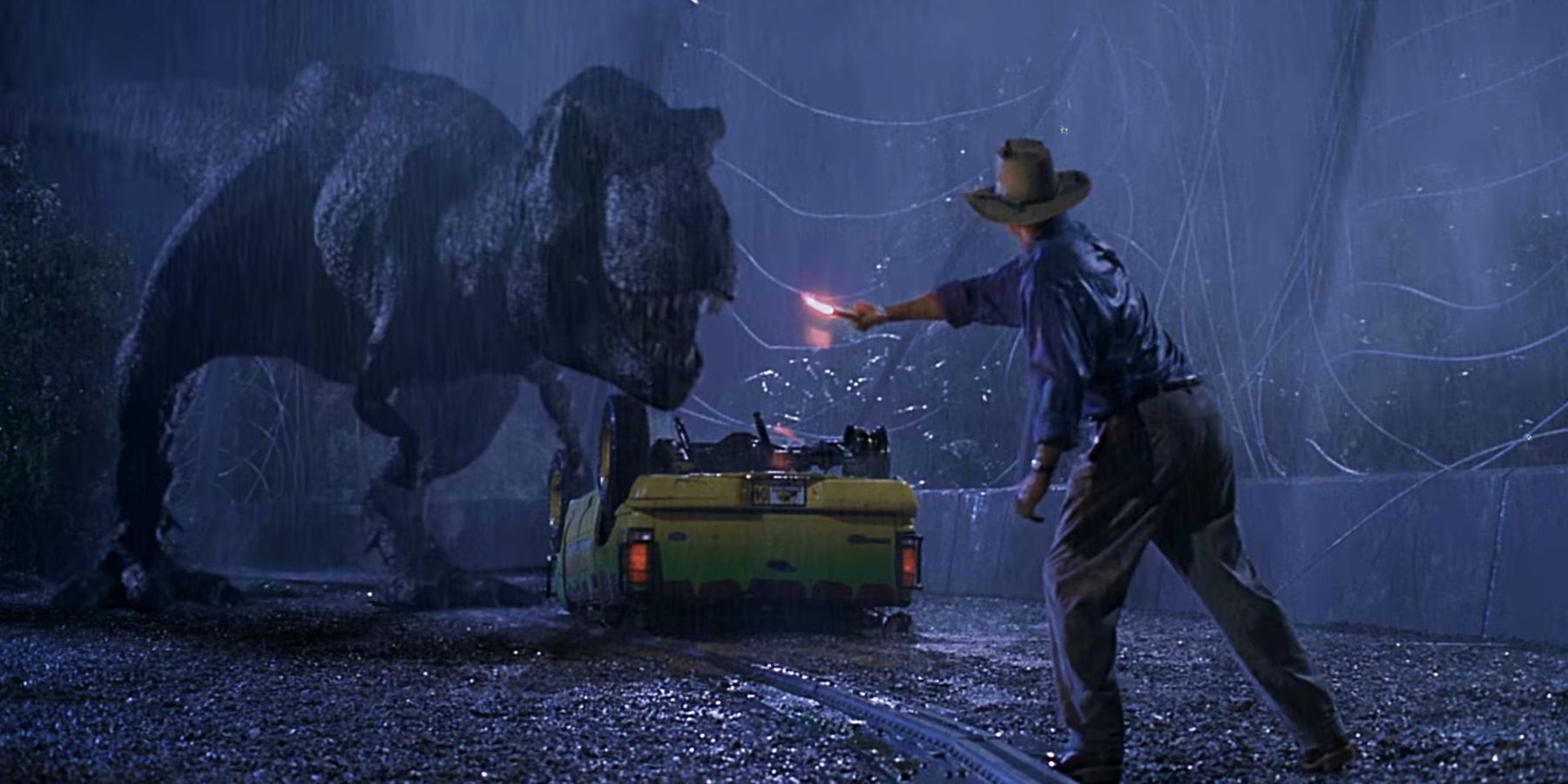Alan Grant luring Rexy the T Rex with a flare in Jurassic Park