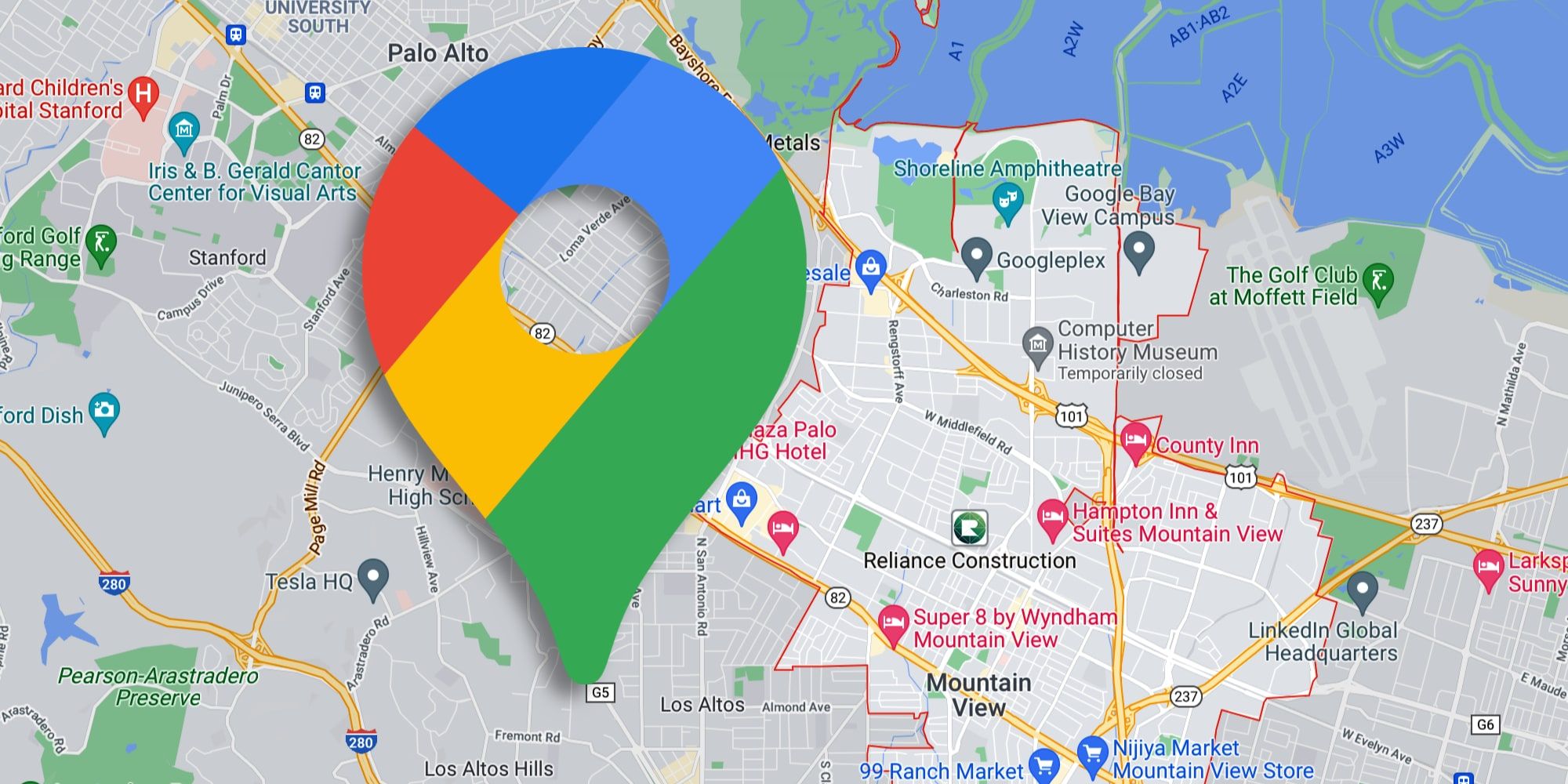 Google Maps Logo Over Map Of Mountain View CA