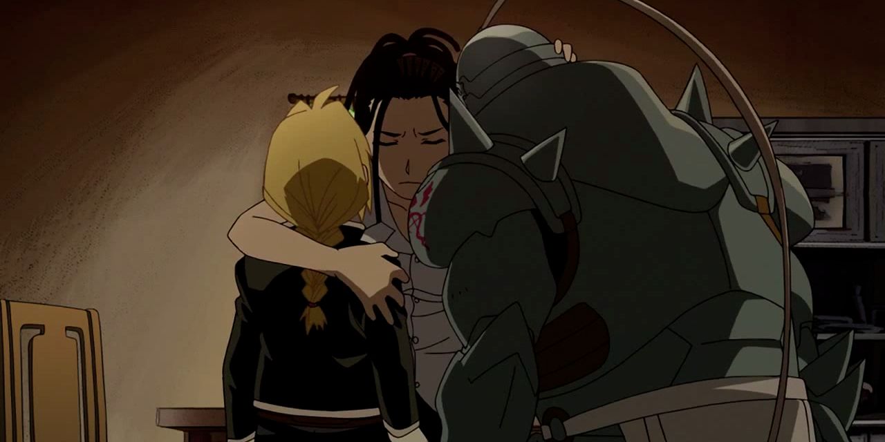 Izumi hugs Edward and Alphonse in Fullmetal Alchemist