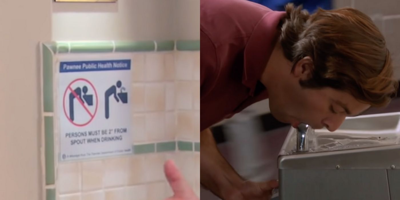 A split image of a man drinking from the fountain in Parks and Rec