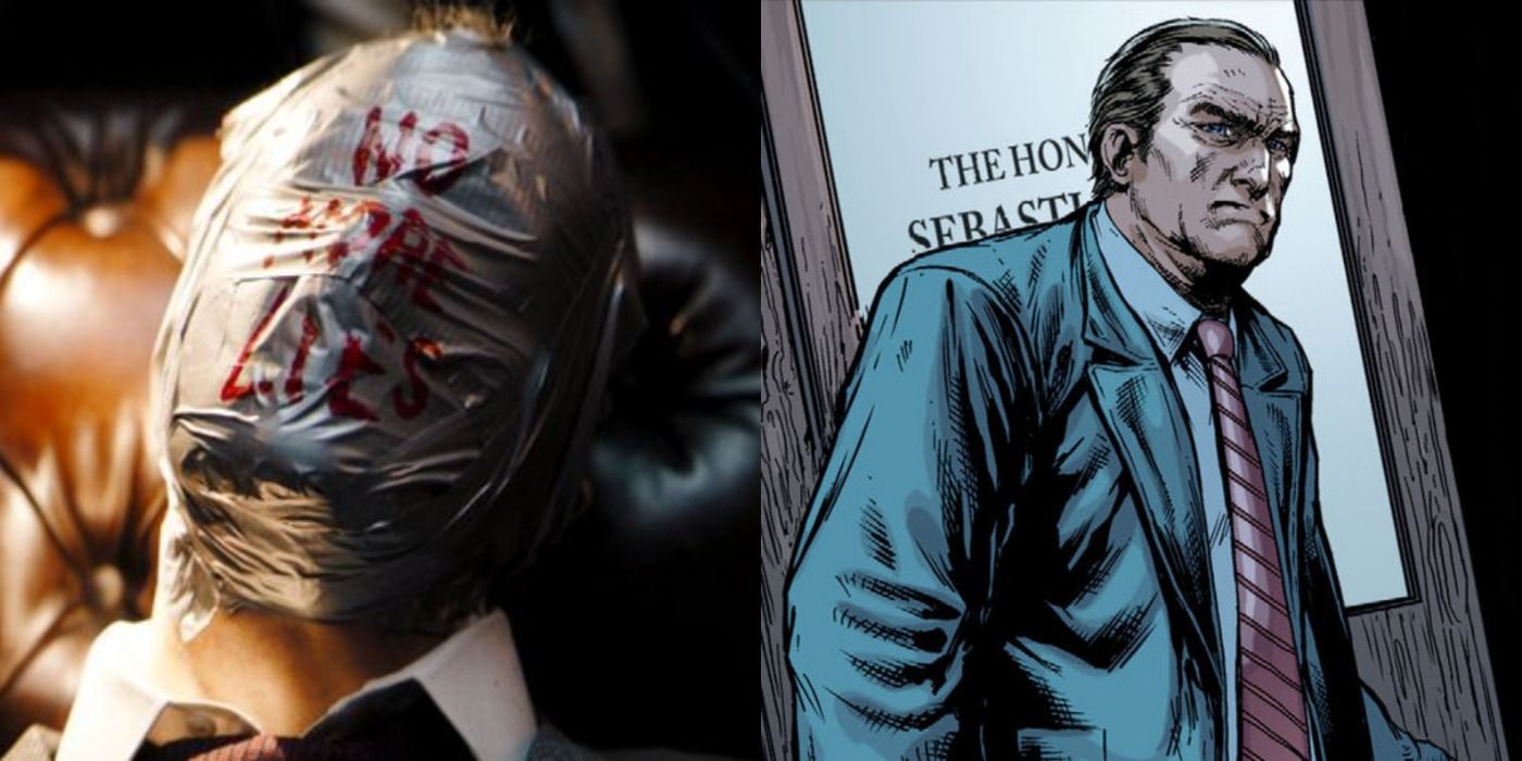 A split screen of the mayor in The Batman and the comics