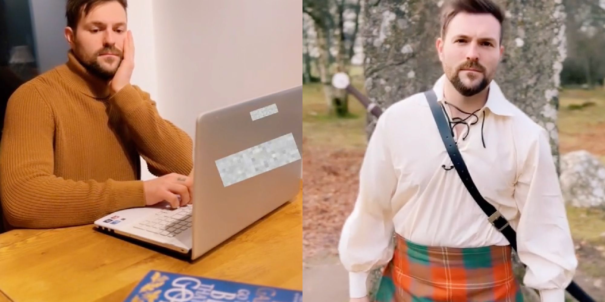 An Outlander fan looking at a book and wearing a kilt on TikTok