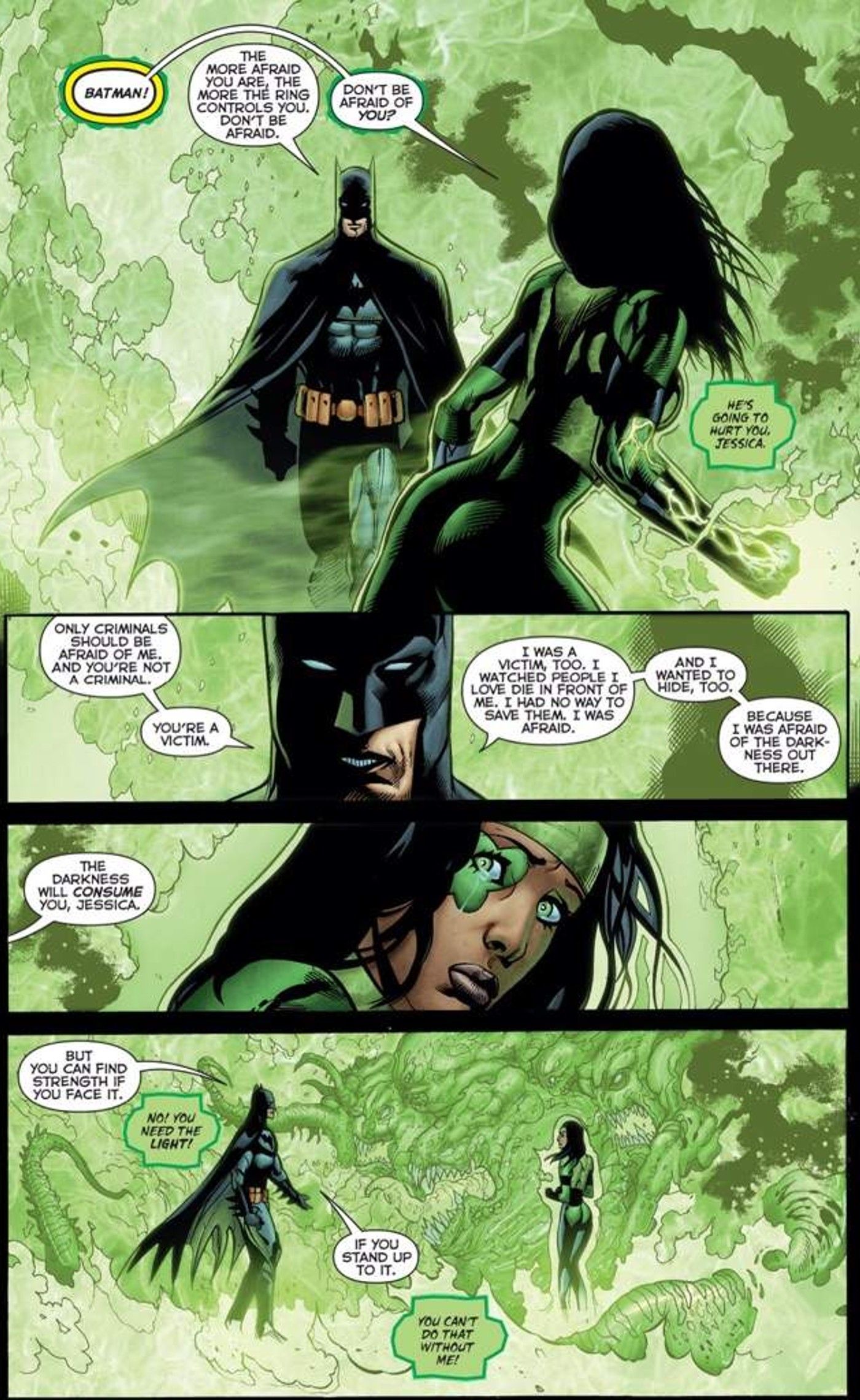 Batman calms down Green Lantern Power Ring Jessica Cruz in Justice League 33
