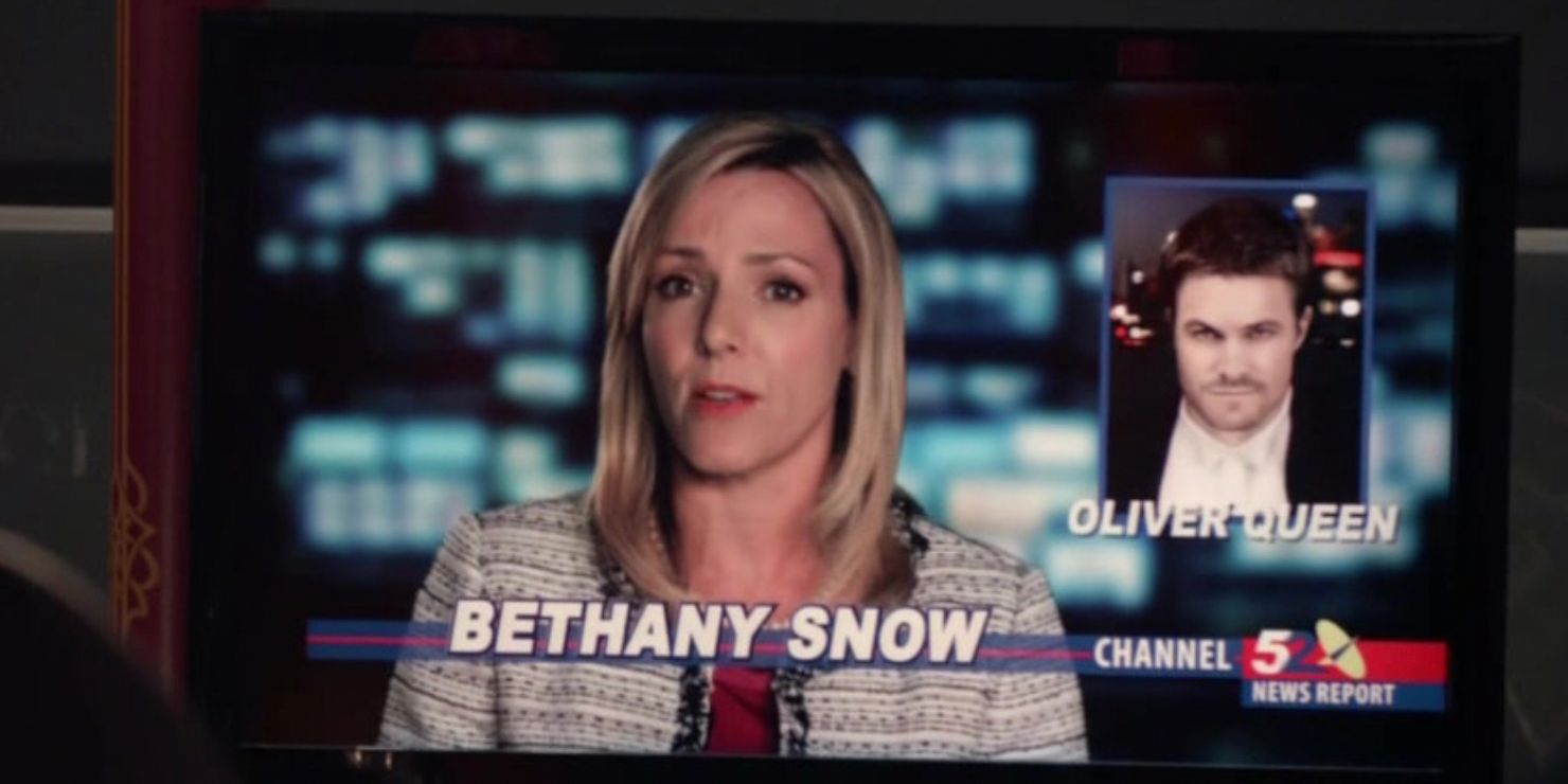 Bethany Snow broadcasts a report about Oliver Queen in Arrow