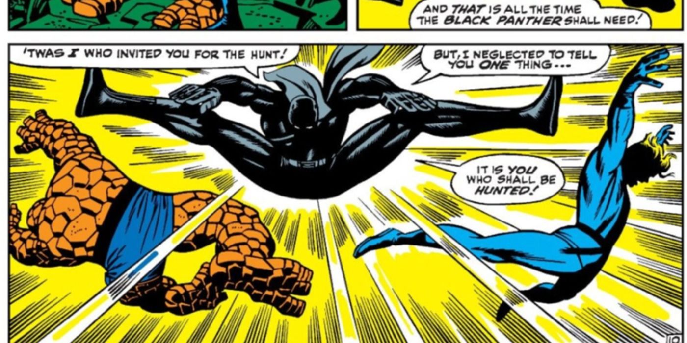 Black Panther fights the Fantastic Four in Marvel Comics.