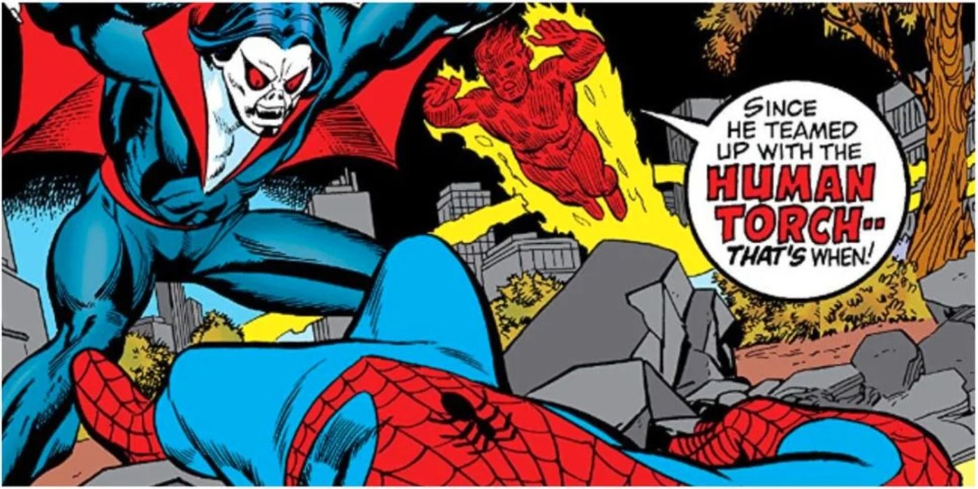 Human Torch fights Morbius in Marvel Comics.