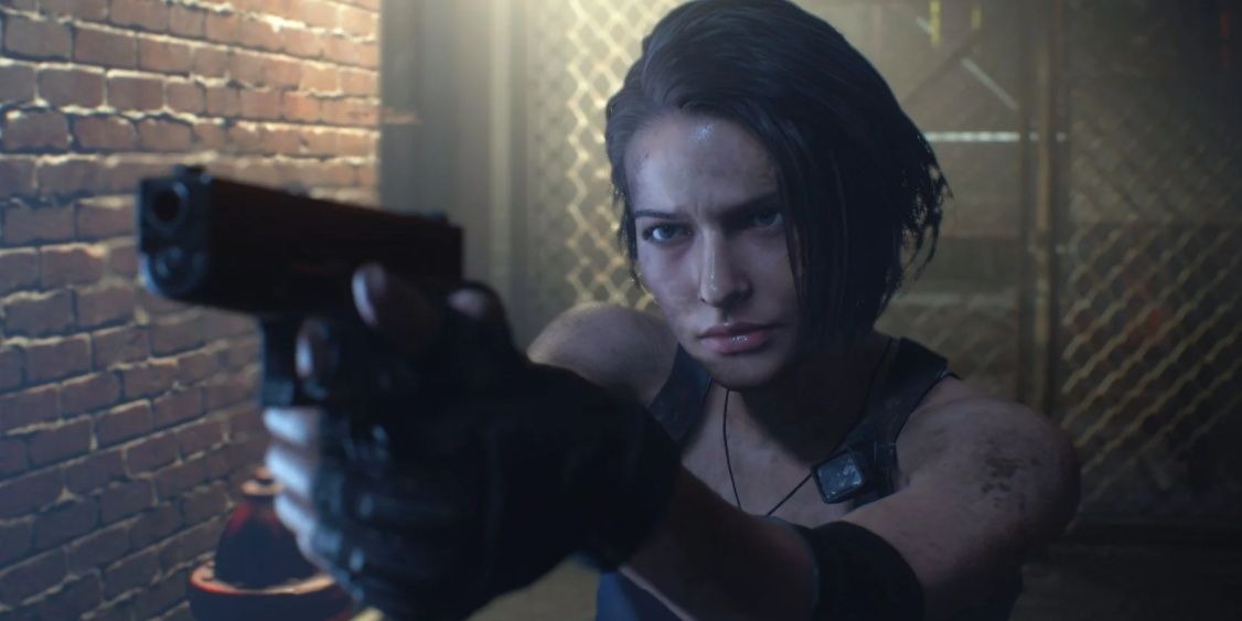 Jill Vantine aims a gun in Resident Evil 3 Cropped
