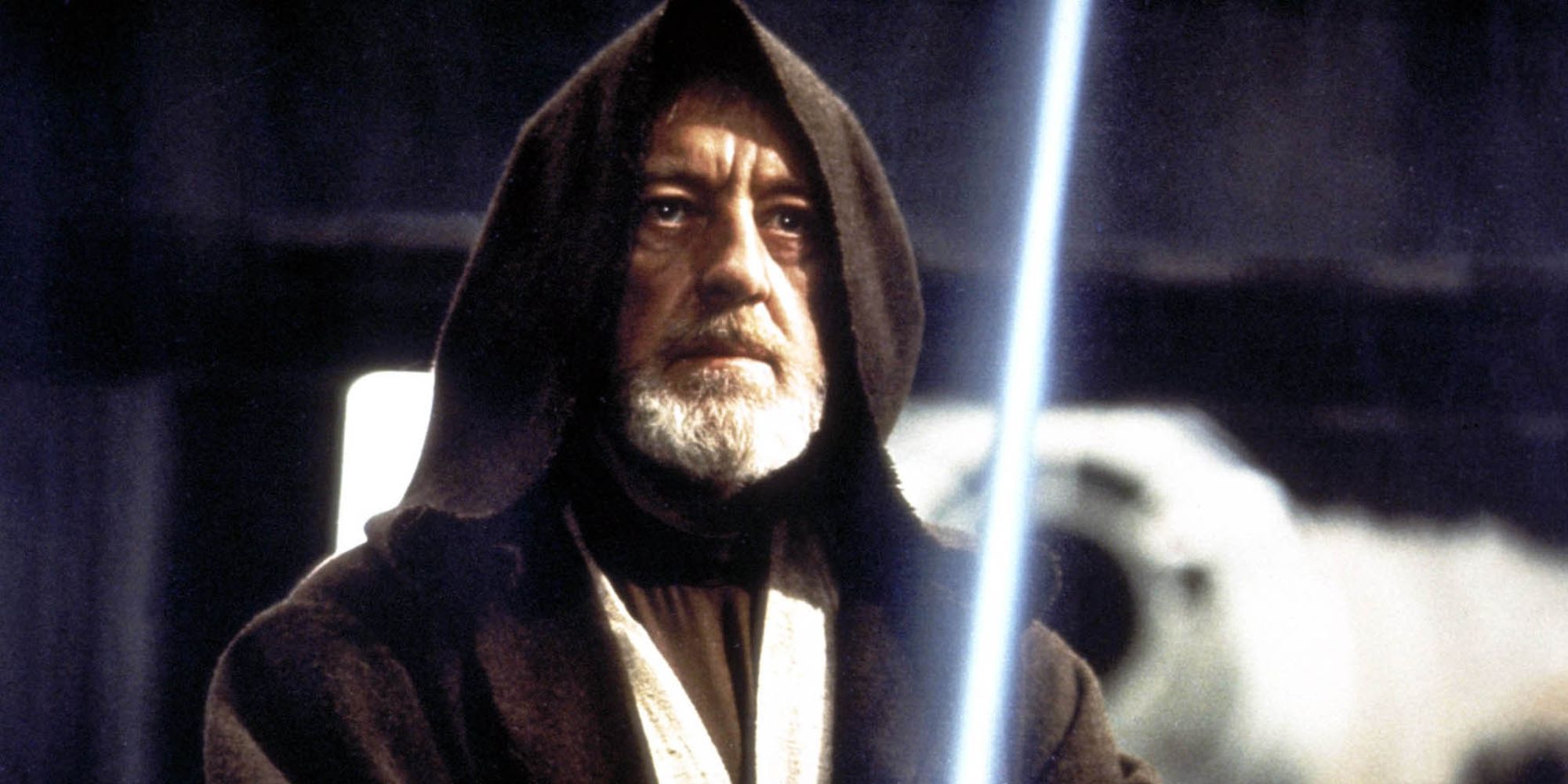 Obi Wan Kenobi holding his lightsaber on the Death Star in Star Wars A New Hope