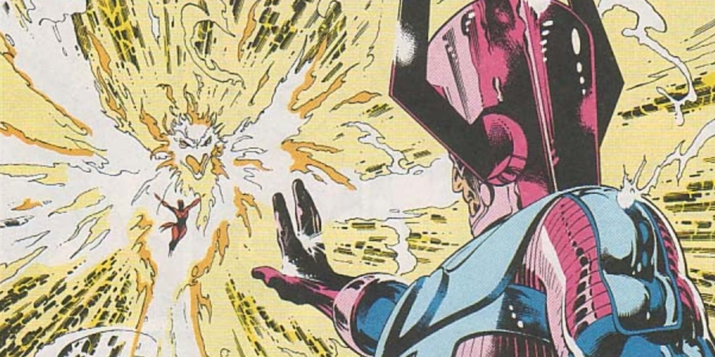 Rachel Summers fights Galactus in Marvel Comics.