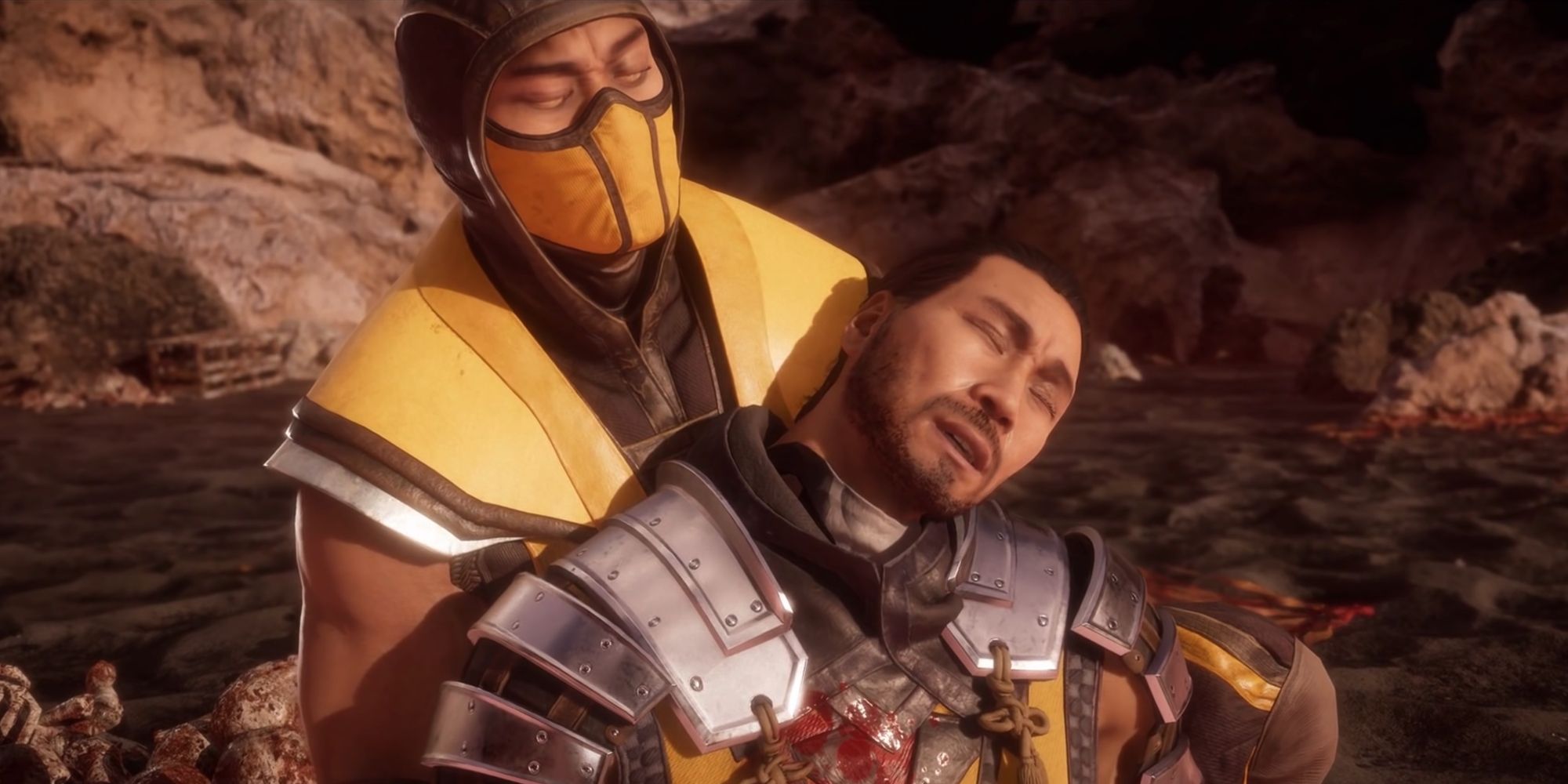 Scorpion holding Hanzo Hasashi as he dies in Mortal Kombat 11