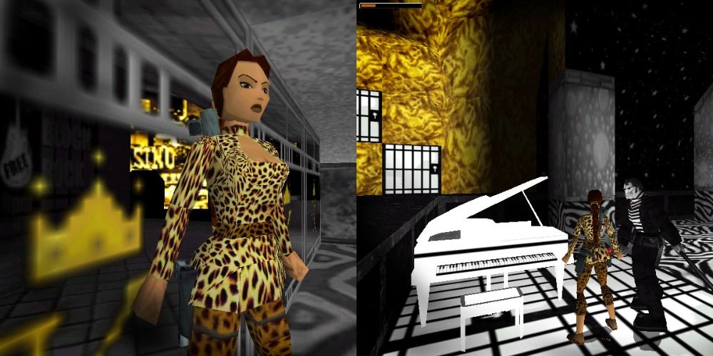 Split image of Lara Croft in leopard jumpsuit and fighting Elvis impersonator in Nightmare in Vegas level