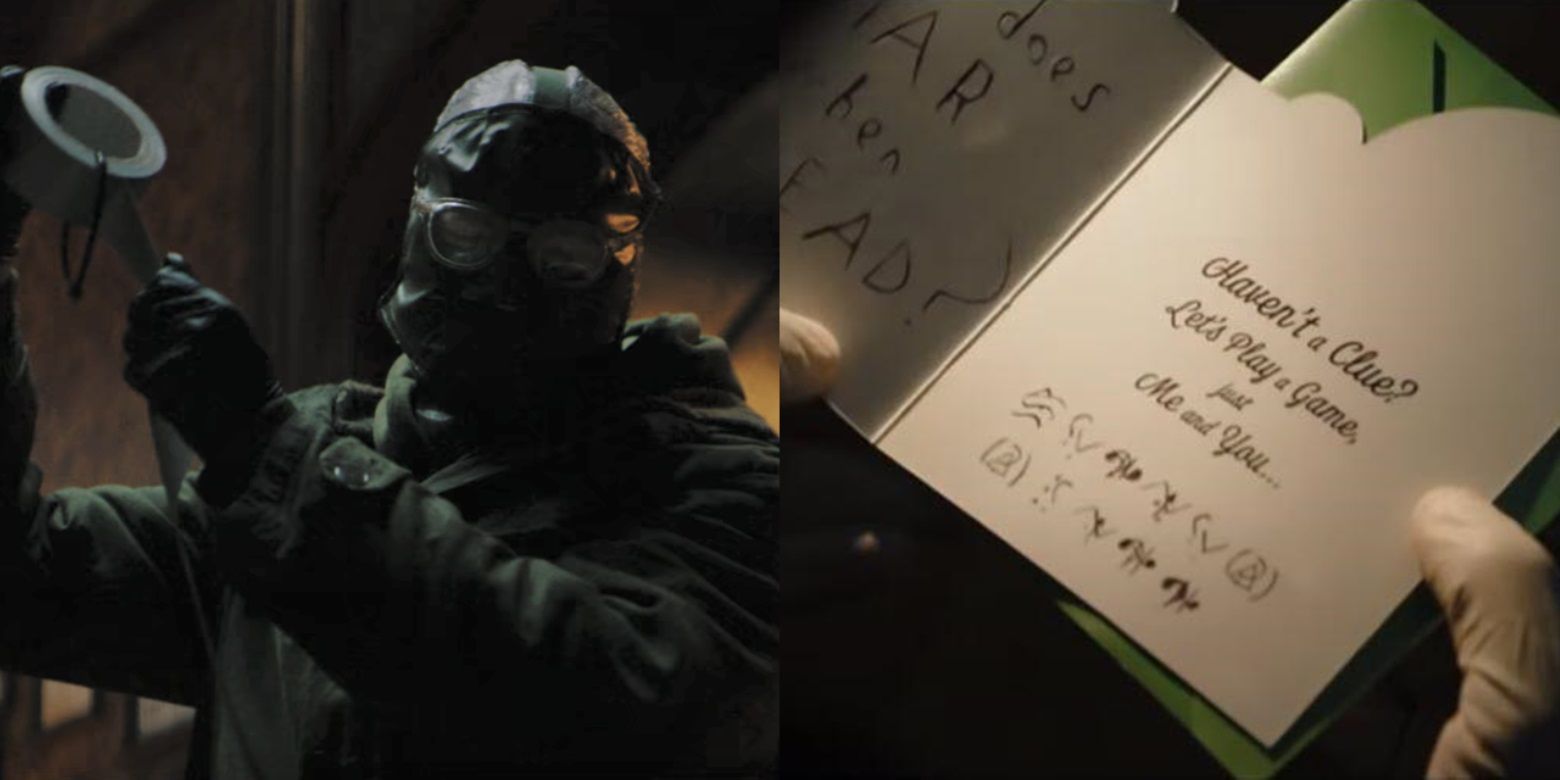 Split image of the Riddler using duct tape and Batman reading a riddle in The Batman
