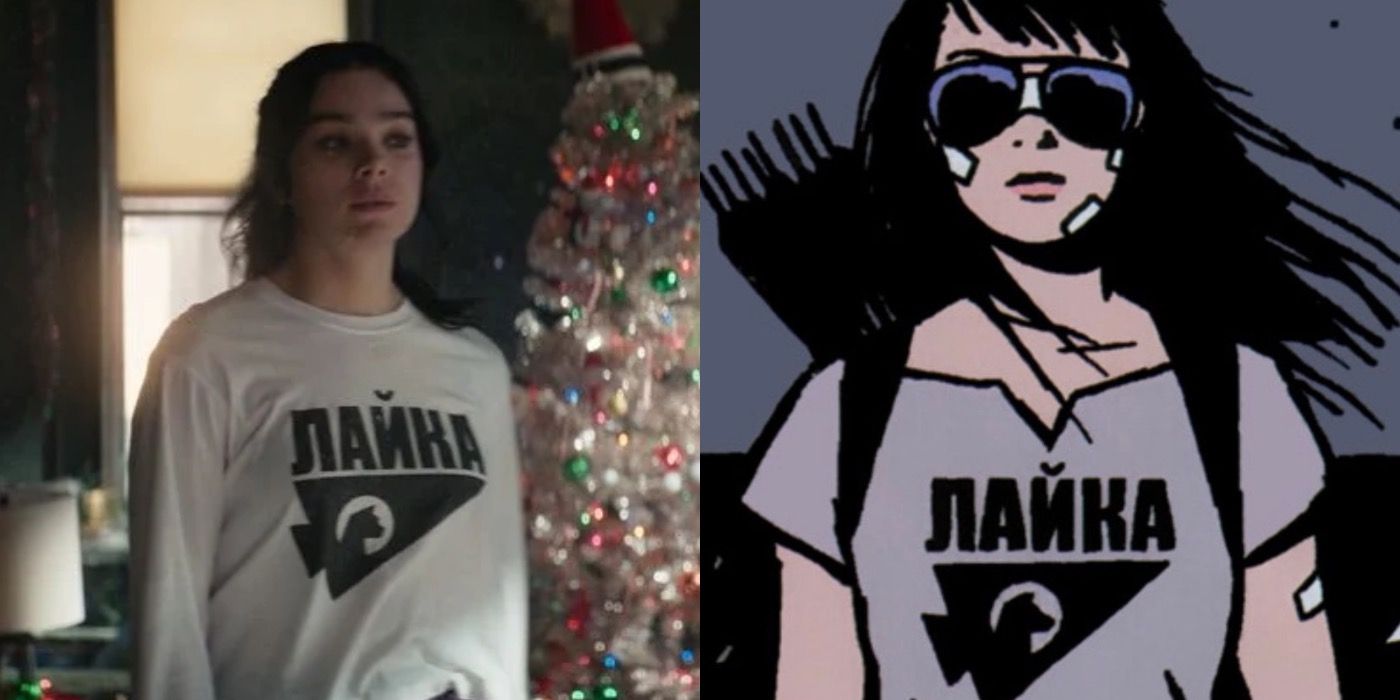 Split image showing Kate Bishop wearing her space dog shirt in Hawkeye show and in the comics