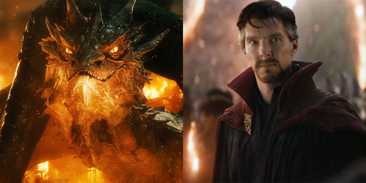 Split images of Benedict Cumberbatch as Smaug and Doctor Strange