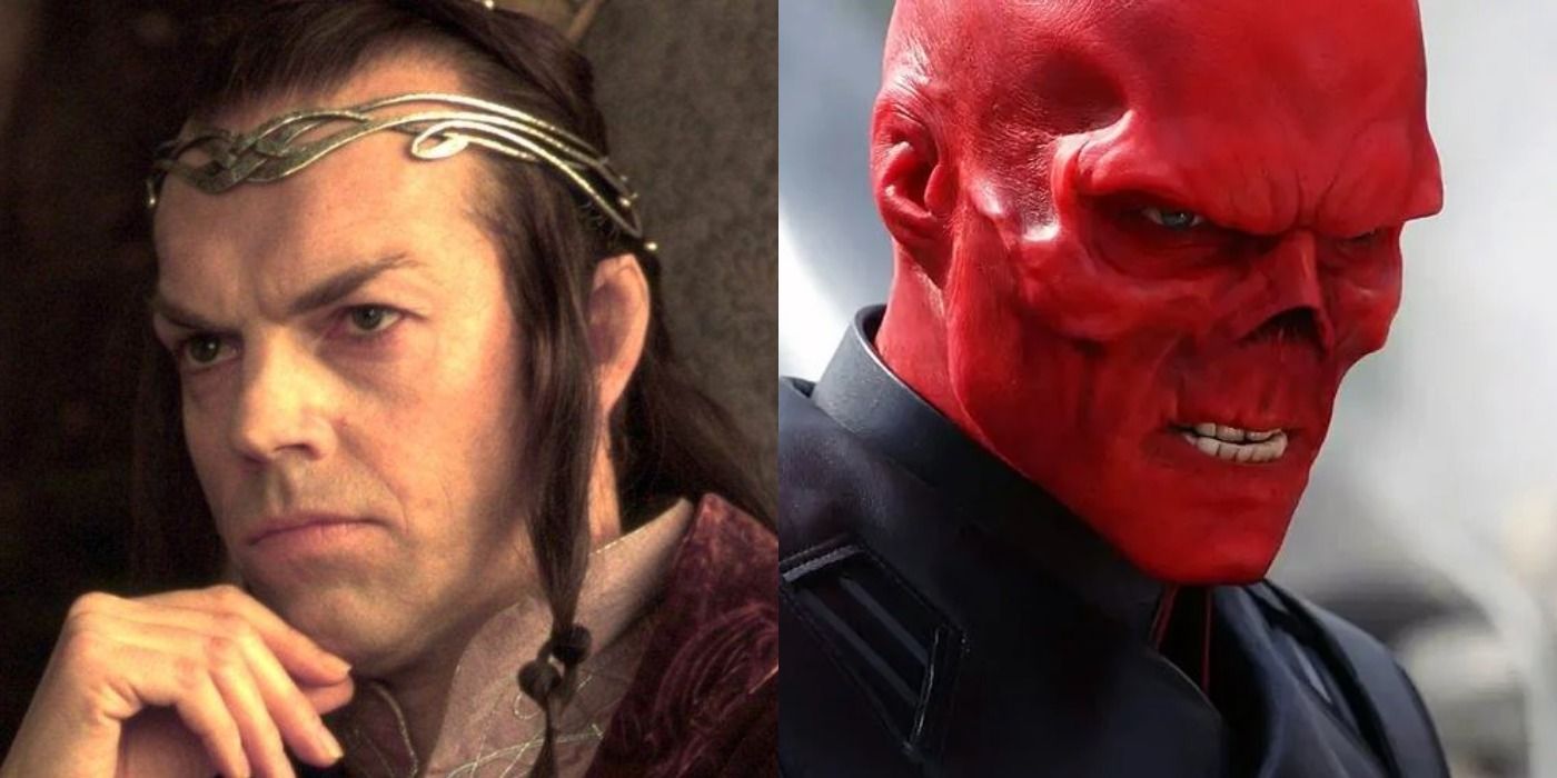 Split images of Hugo Weaving as Elrond and The Red Skull