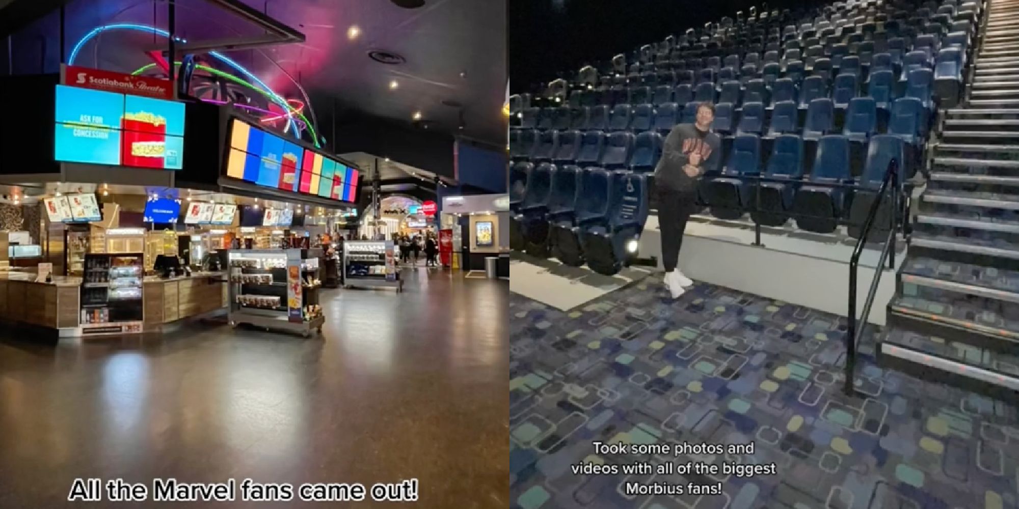 A TikToker takes a video of an empty Morbius theater