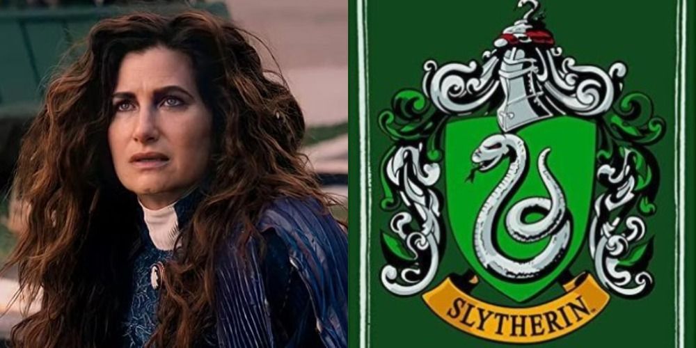 A split image of Agatha looking scared and the Slytherin logo