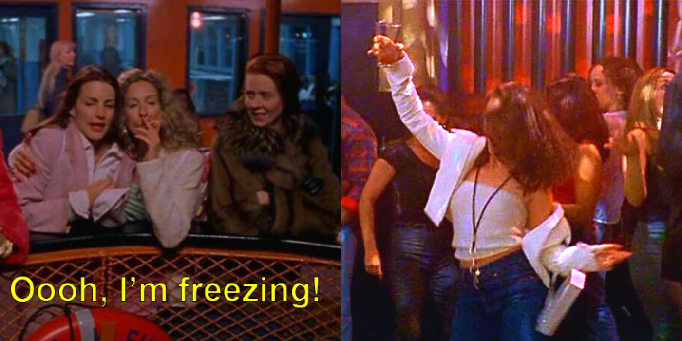 A split image of Charlotte and the girls drunk on a ferry on SATC
