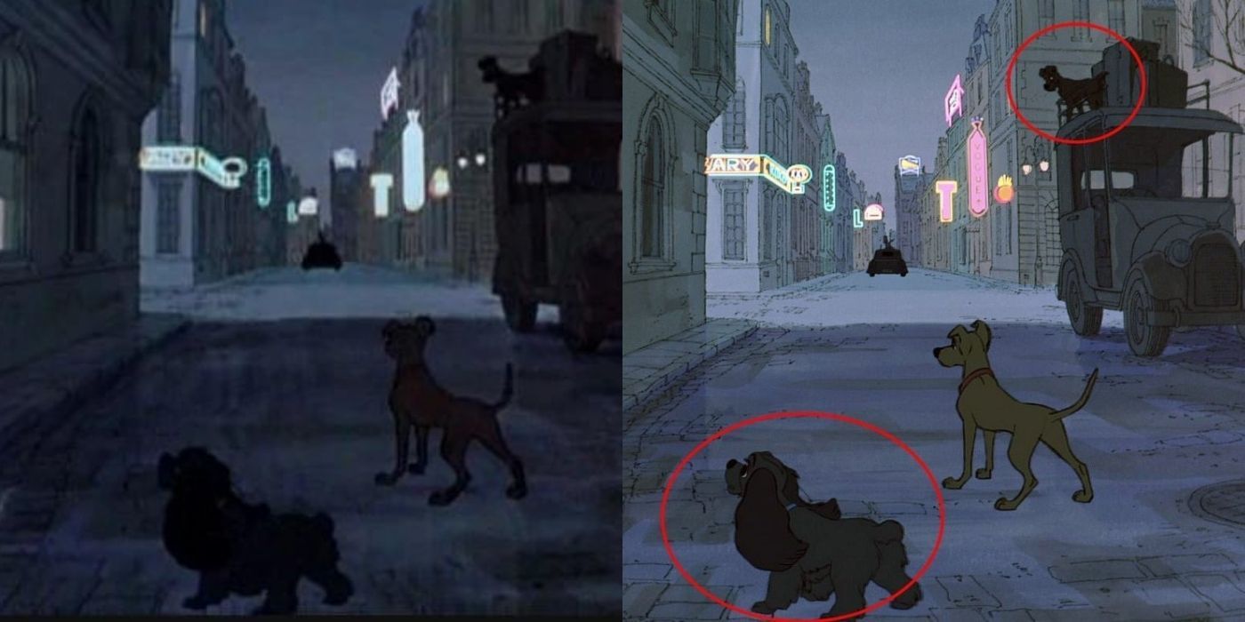 A split image of Lady and the Tramp in 101 Dalmatians