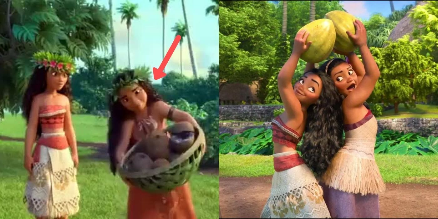 A split image of Moana singing with other characters