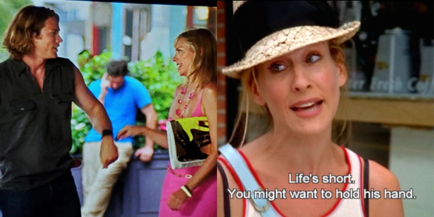 A split image of Smith trying to hold Samanthas hand on SATC