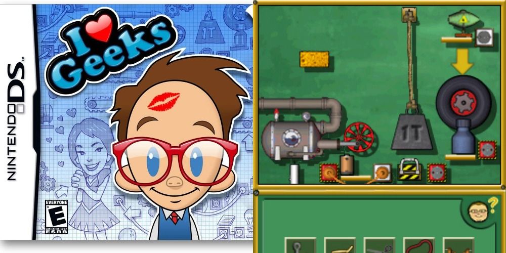 A split image of the I Heart Geeks and a puzzle in the game