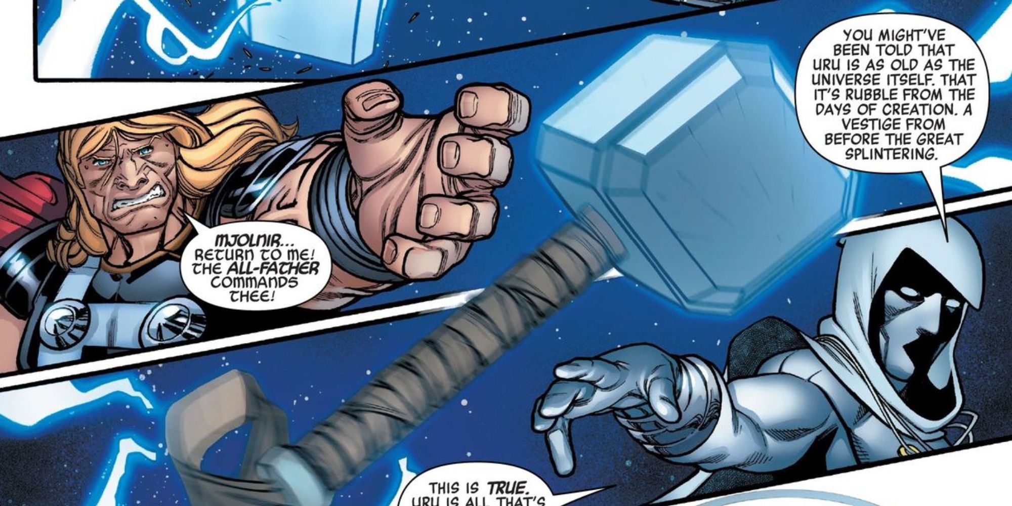 An image of Moon Knight calling Thors Hammer in the Marvel comics