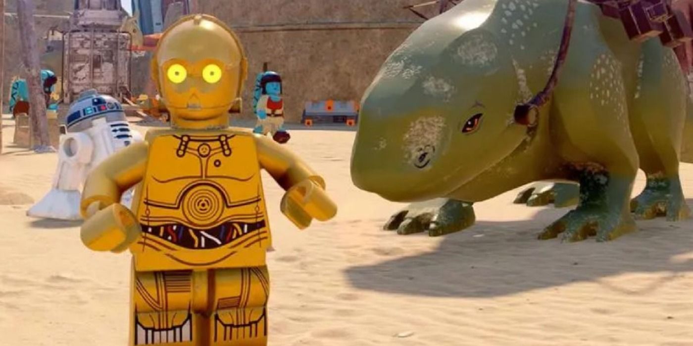 C 3PO with R2 D2 and a Dewback in LEGO Star Wars the Skywalker Saga