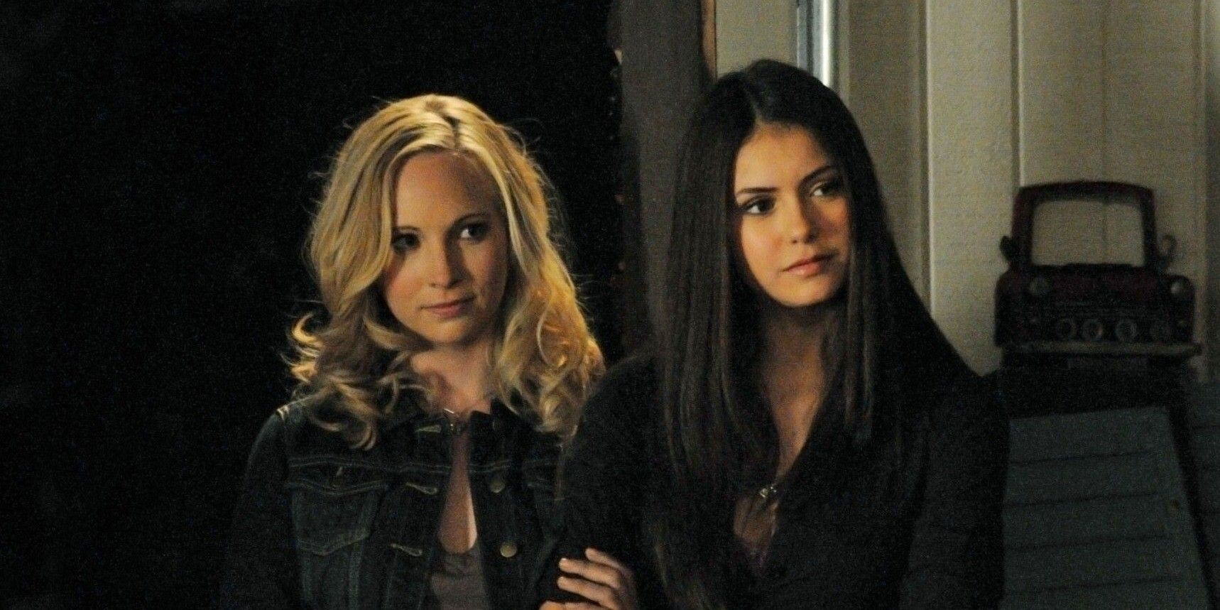 Caroline and Elena on a double date in The Vampire Diaries