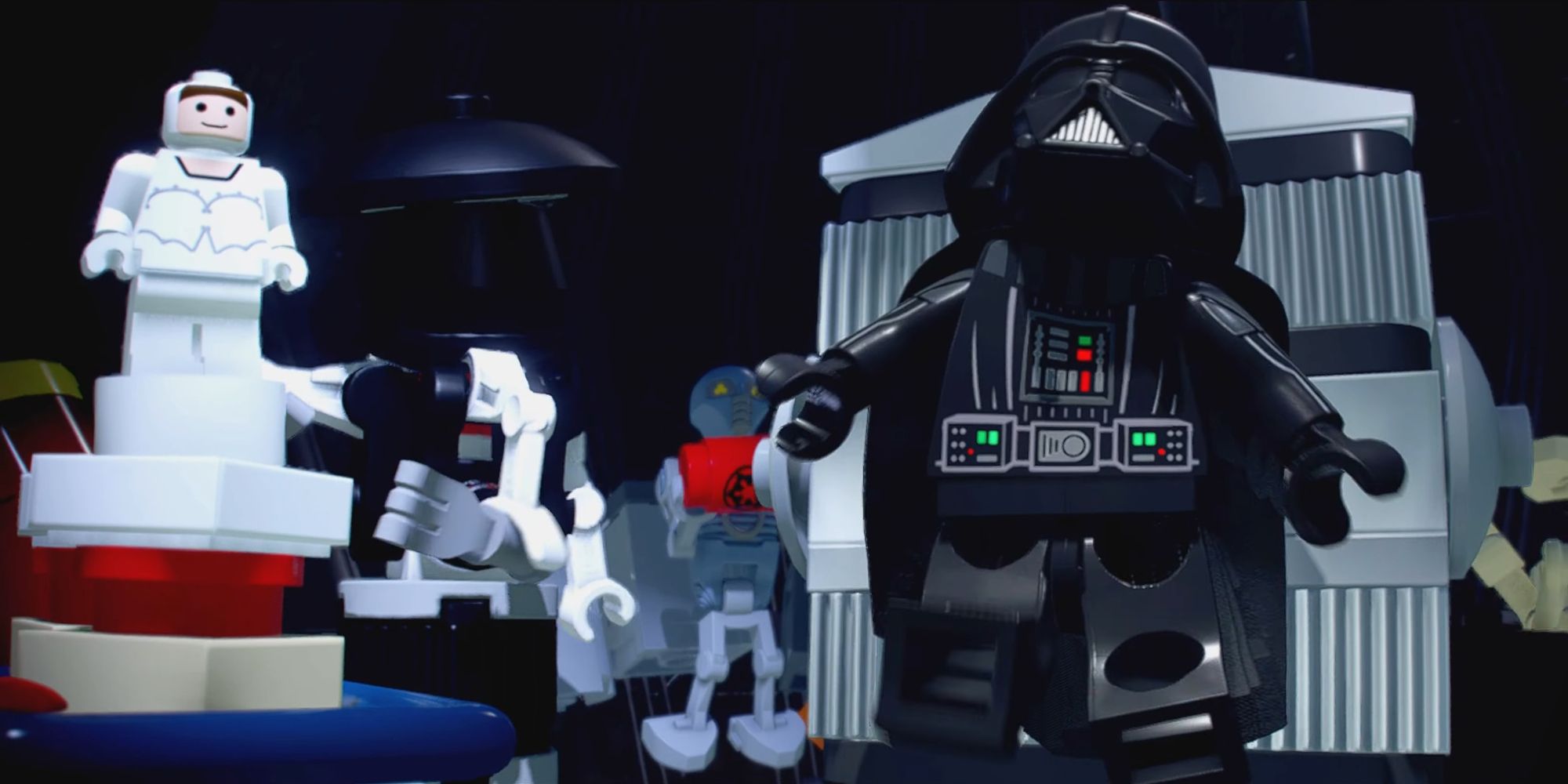 Darth Vader yelling in sadness over a Padme cake in LEGO Star Wars The Skywalker Saga