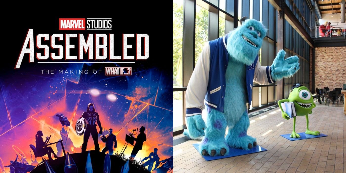 Dual photo of promo poster for Marvels assembled and costumes of sully and mike