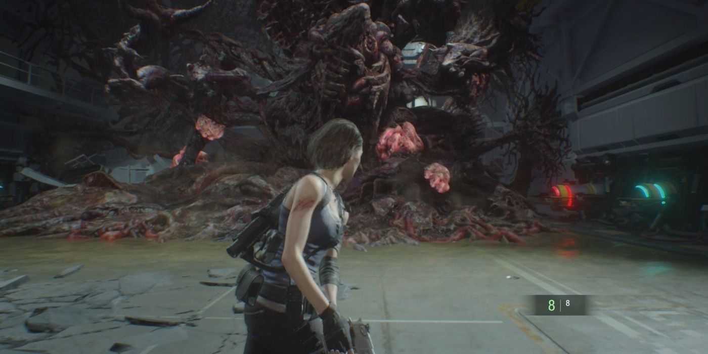 Jill fighting Nemesis last form in Resident Evil 3 Cropped