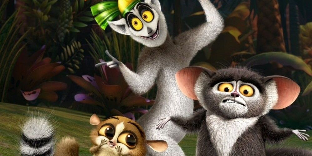 King Julien dancing Mort smiling and Maurice shrugging his shoulders in Madagascar Cropped
