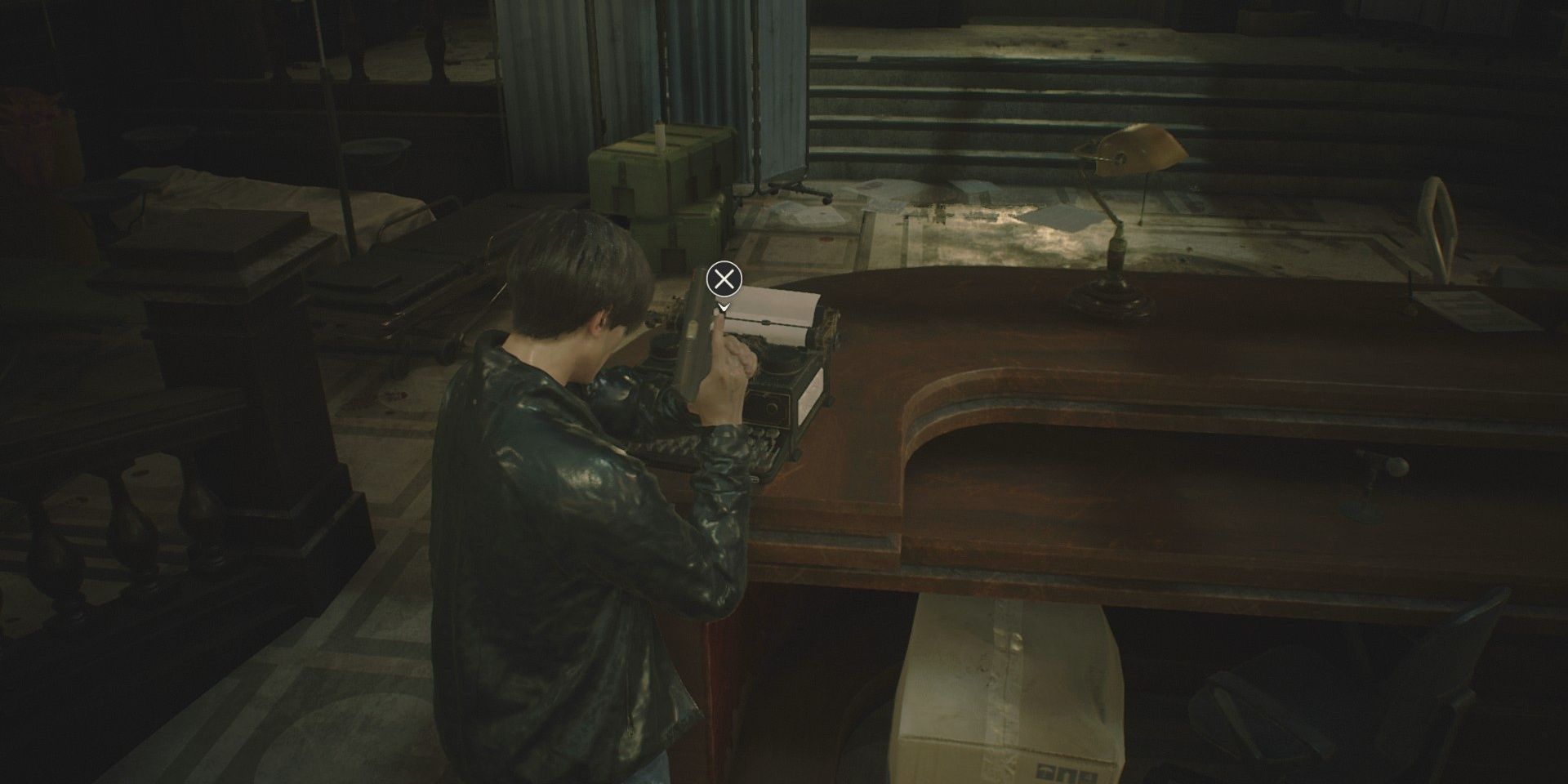 Leon next to a typewriter in Resident Evil 2 Cropped