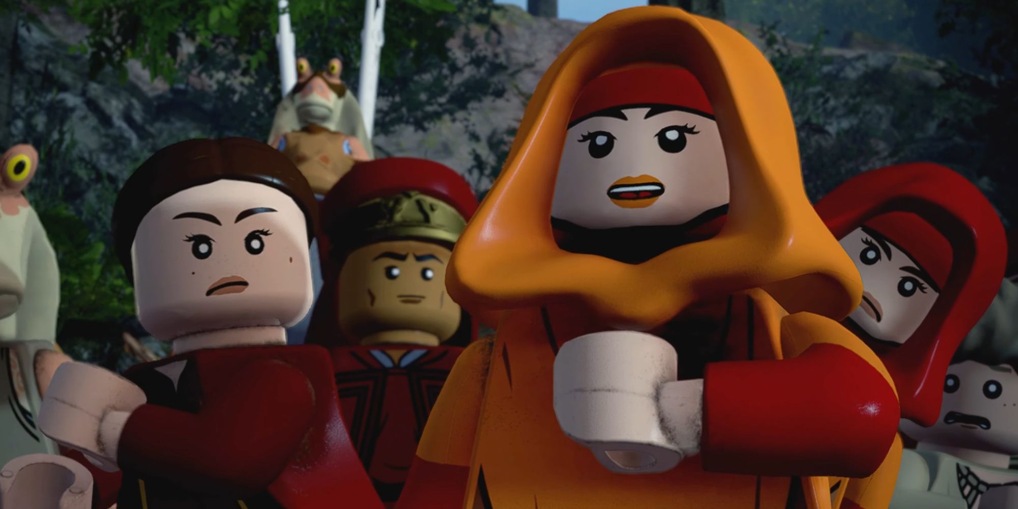 Padme and her decoys claiming to be Queen Amidala in LEGO Star Wars The Skywalker Saga