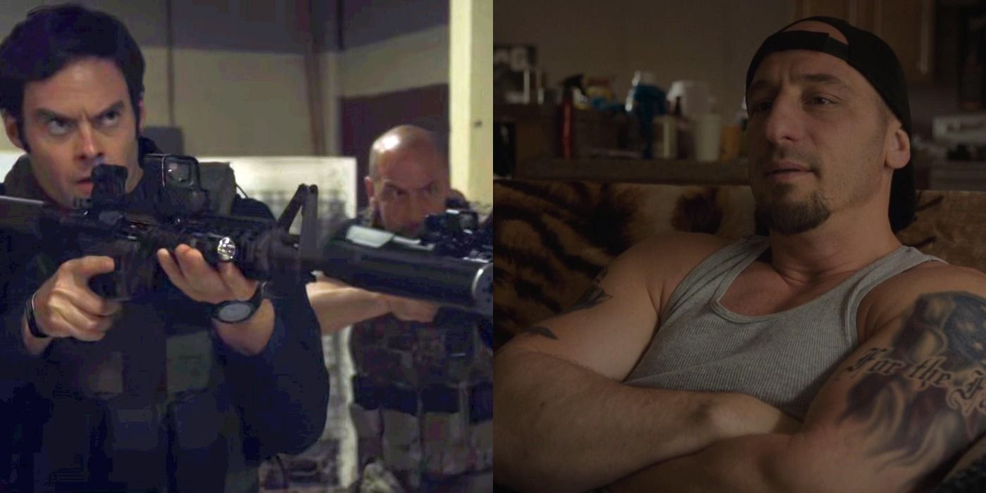Split image of Barry and Taylor with guns and Taylor on a couch with his arms folded